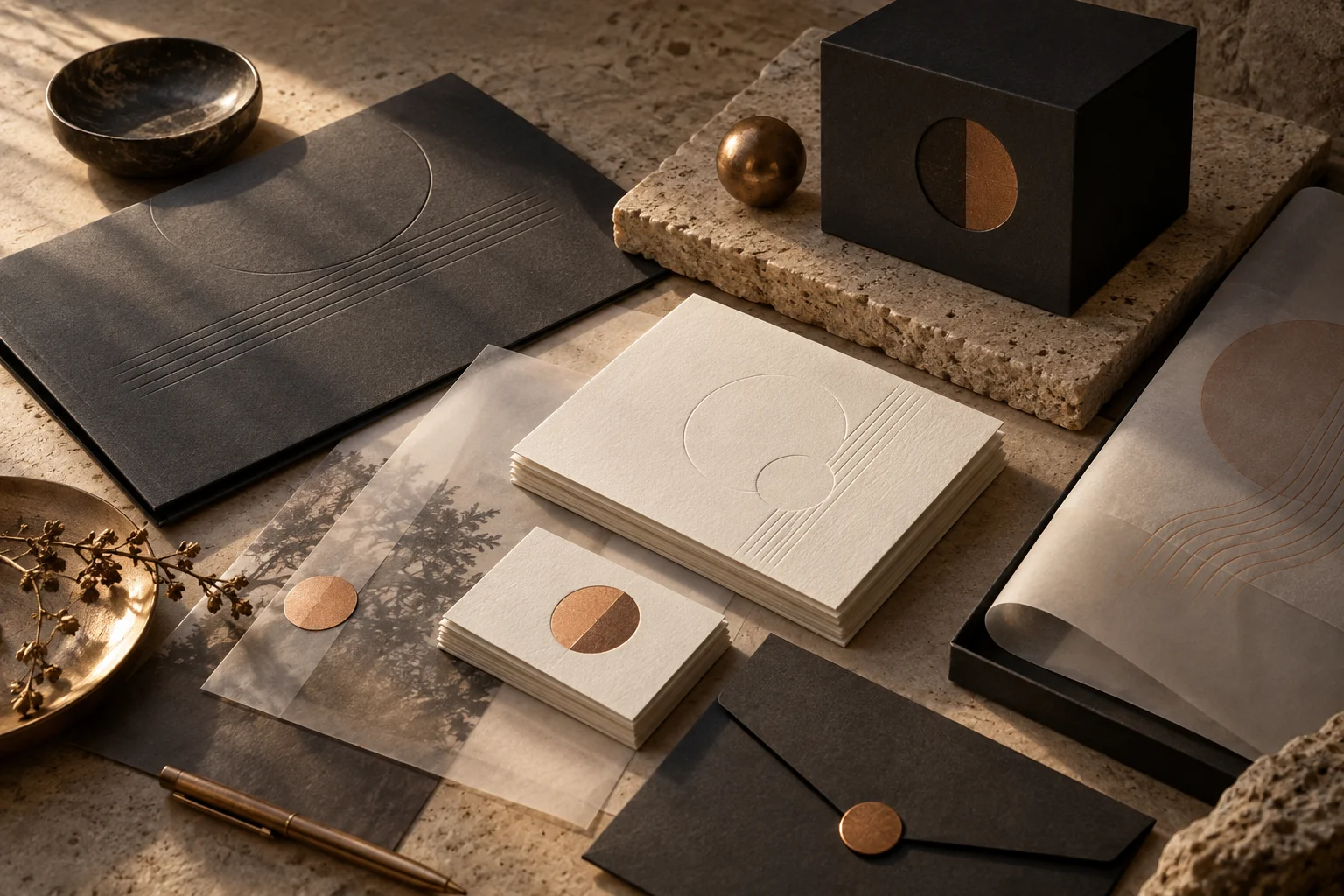 Brand materials: AI concept illustration Unbranded ivory stationery, copper details and charcoal packaging arranged as a brand system.
