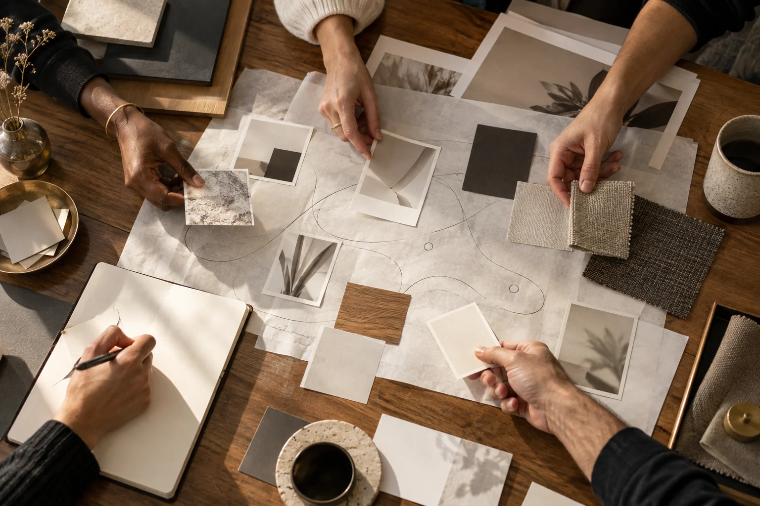 Strategy workshop: AI concept illustration Hands arrange unlabelled planning cards and customer-path sketches on a workshop table.