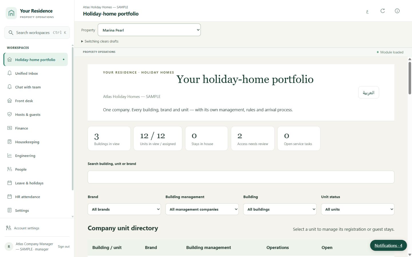 A real portfolio, with a clear view across buildings. Holiday Homes live system screenshot