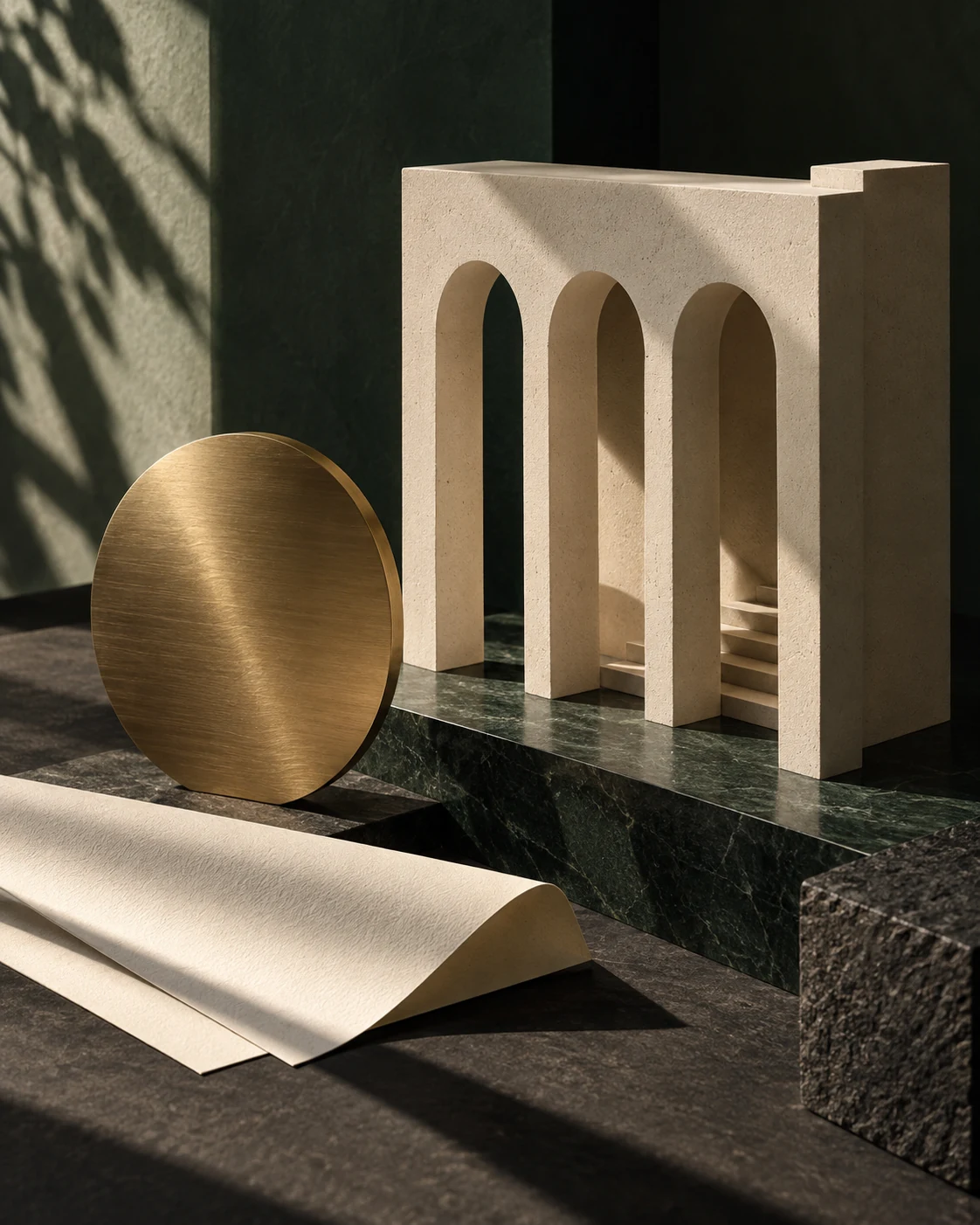 Ivory architectural arches, a brass disc and folded paper arranged on dark stone.